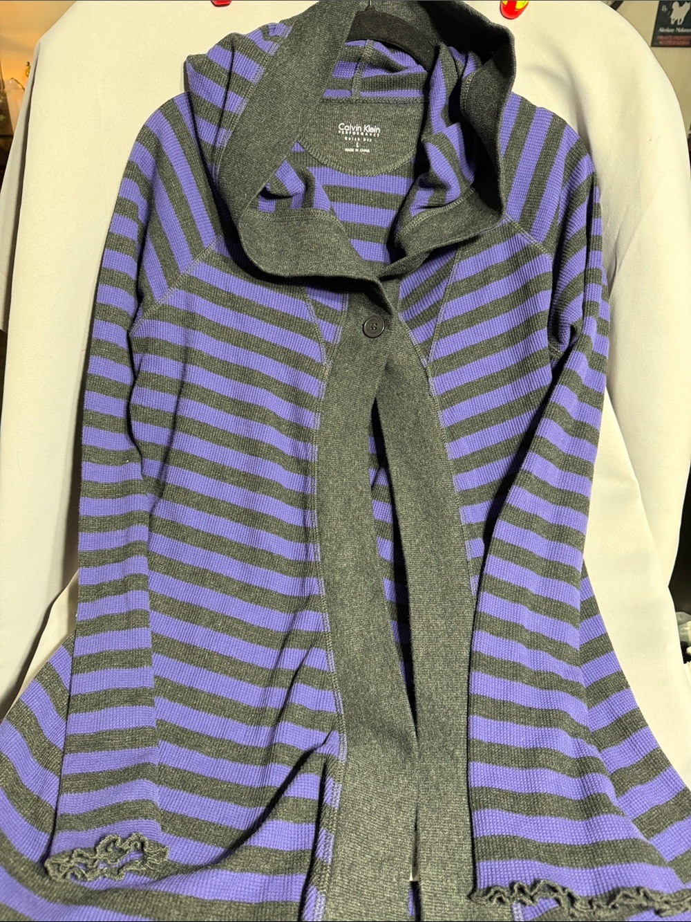 Calvin Klein Purple and Gray Striped Hooded Cardigan
